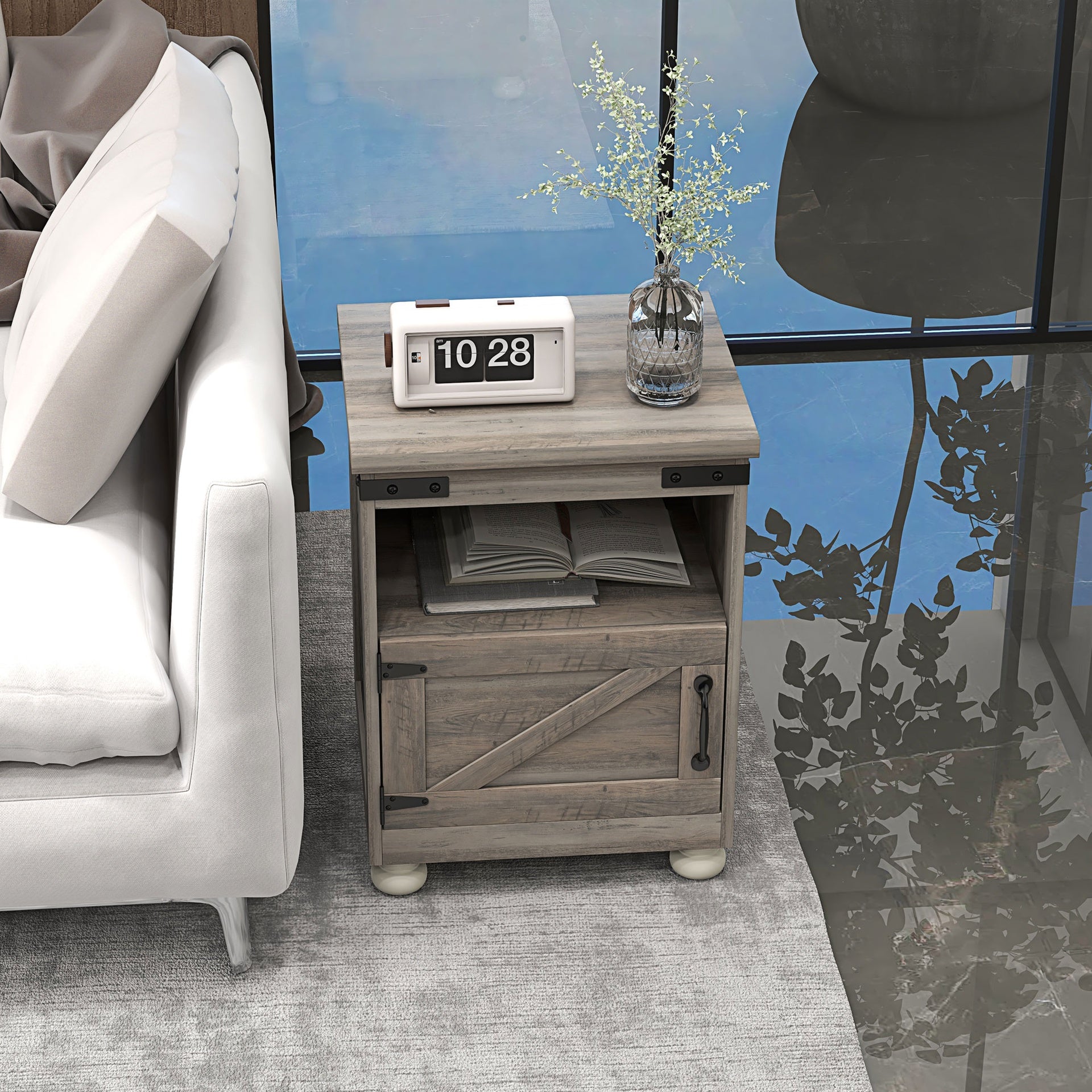HOMCOM Small Side Table with Storage, Farmhouse End Table with Open Shelf and Cupboard, Modern Sofa Table with Wood Legs for Living Room, Gray