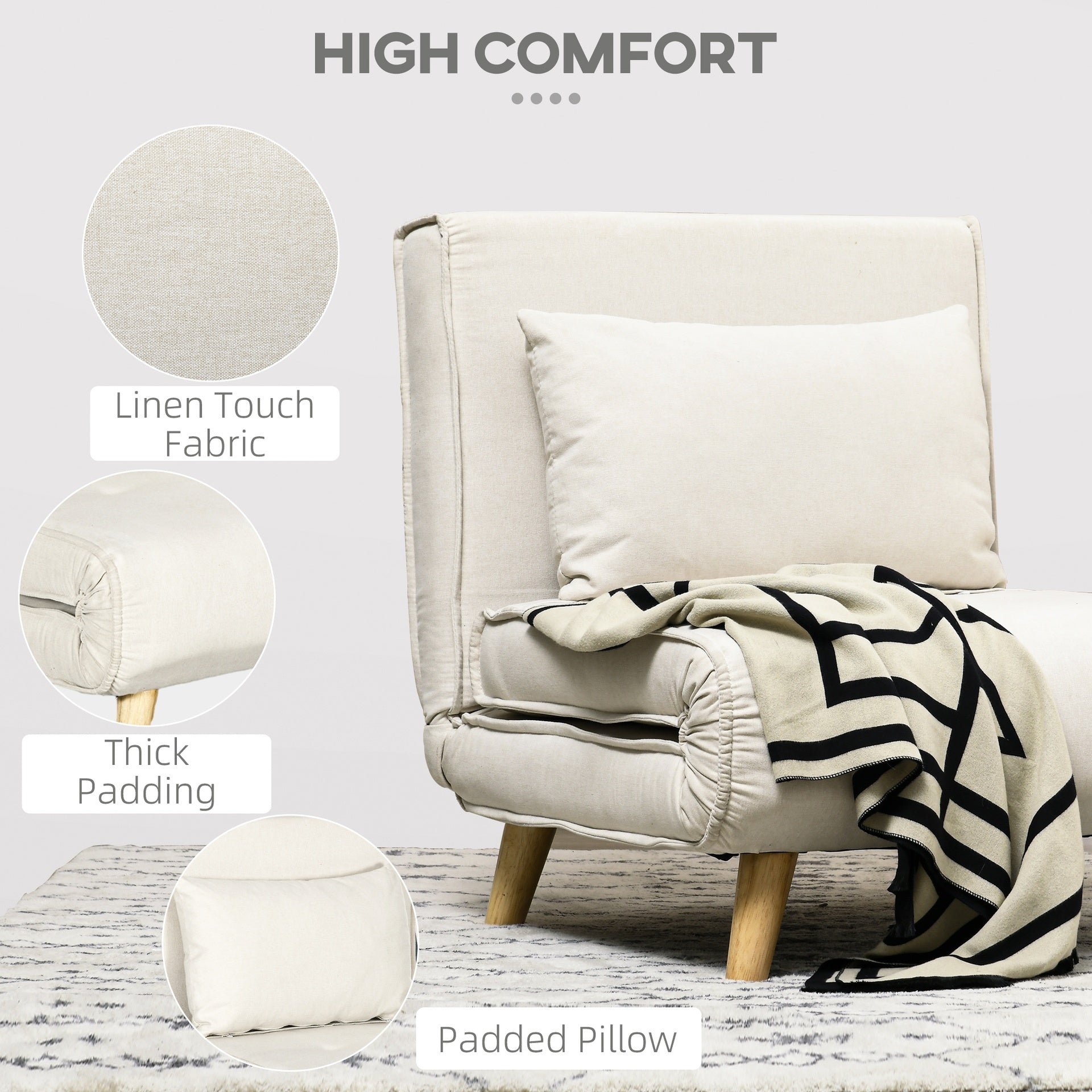 HOMCOM Convertible Chair Bed, 2-in-1 Multi-Functional Sofa Bed, Sleeper Chair with Adjustable Backrest for Living Room, Bedroom, Home Office, Beige