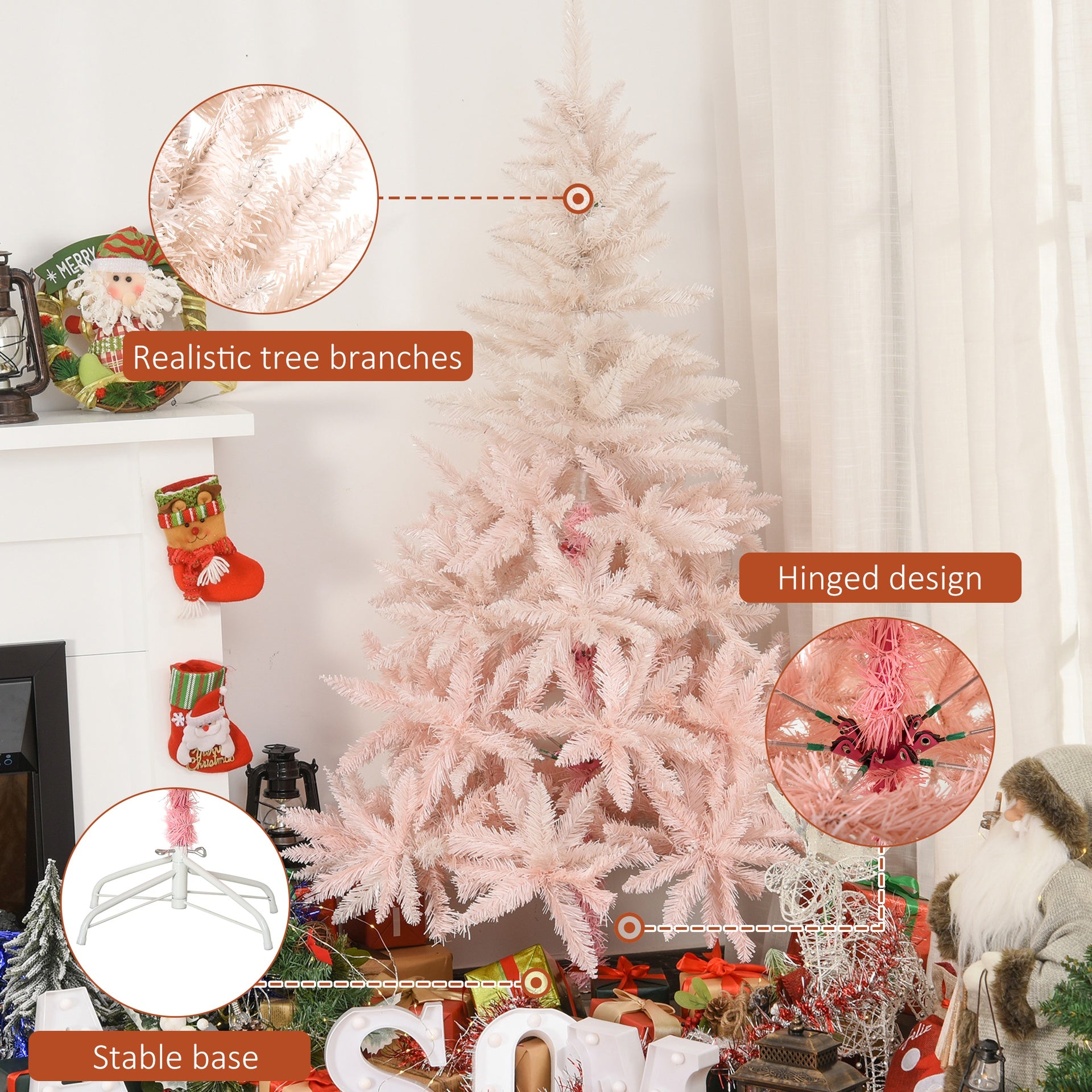 HOMCOM 7ft Unlit Spruce Artificial Christmas Tree with Realistic Branches and 1000 Tips, Pink