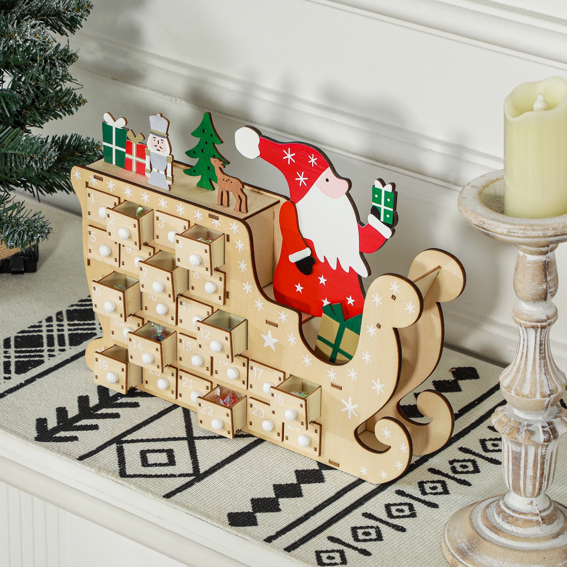 HOMCOM Christmas Advent Calendar with 24 Countdown Drawers, Reusable Wooden Holiday Decoration Xmas Gift for Kids Adults, Natural Wood