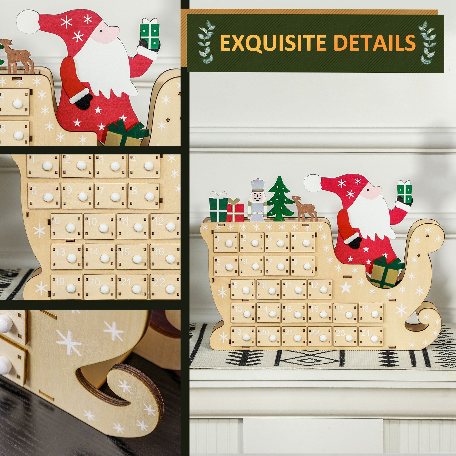 HOMCOM Christmas Advent Calendar with 24 Countdown Drawers, Reusable Wooden Holiday Decoration Xmas Gift for Kids Adults, Natural Wood