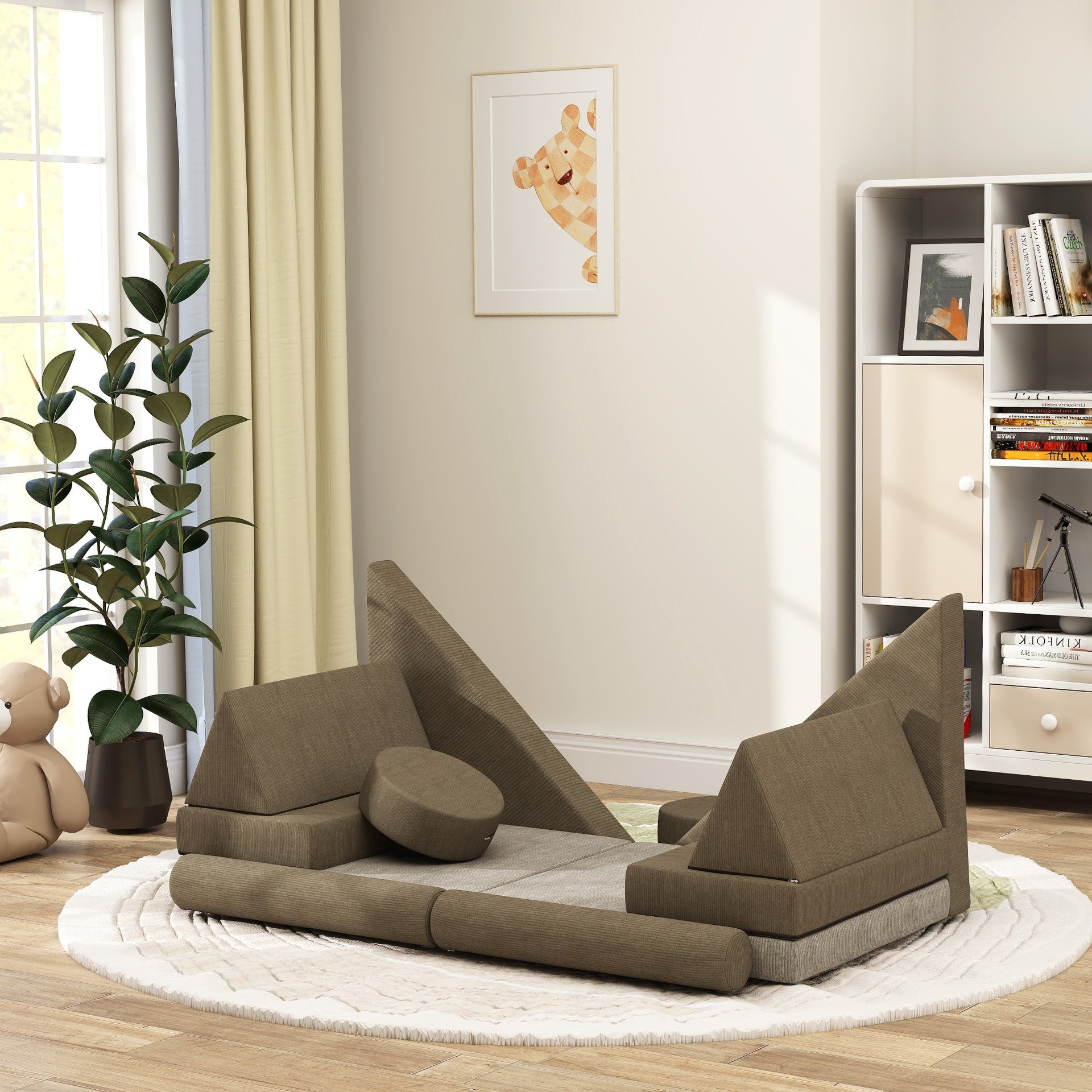 Qaba Modular Kids Play Couch, 12 Piece Kids Couch for Playroom Bedroom, Convertible Sofa Lounger for Boys & Girls, Khaki