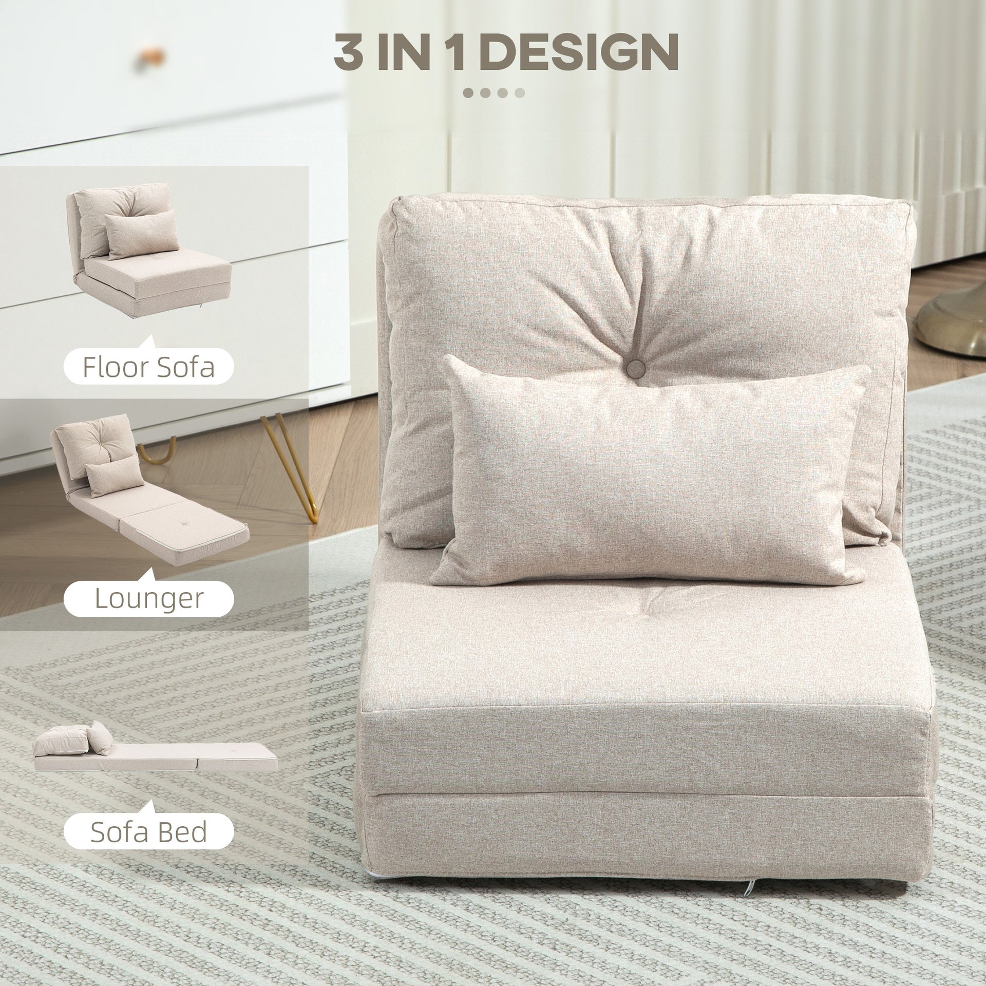 HOMCOM Convertible Flip Chair, Floor Lazy Sofa, Folding Upholstered Couch Bed with Adjustable Backrest, Metal Frame and Pillows for Living Room Bedroom, Beige