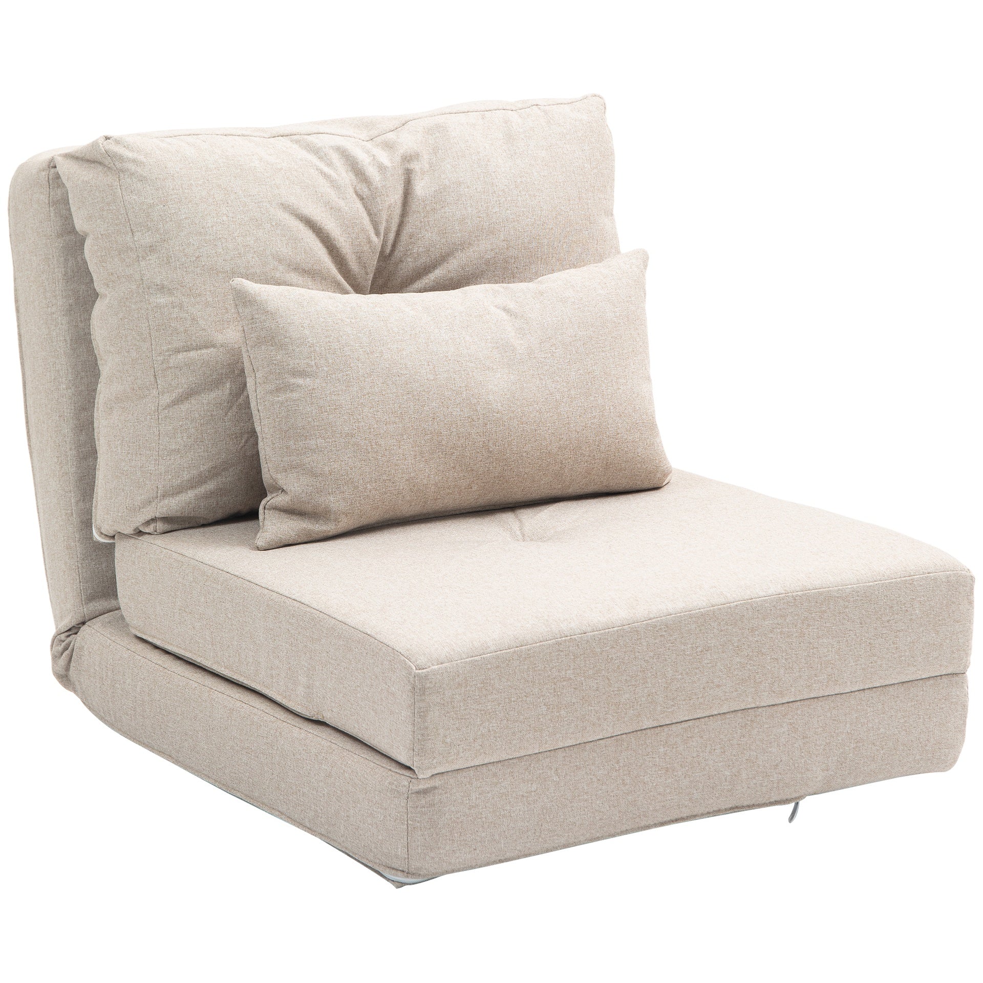 HOMCOM Convertible Flip Chair, Floor Lazy Sofa, Folding Upholstered Couch Bed with Adjustable Backrest, Metal Frame and Pillows for Living Room Bedroom, Beige
