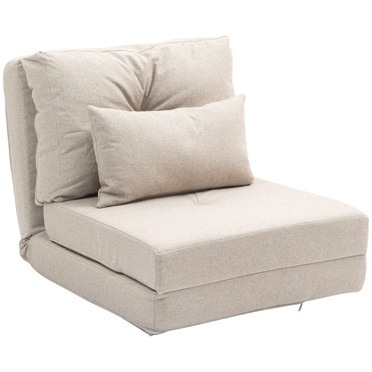 HOMCOM Convertible Flip Chair, Floor Lazy Sofa, Folding Upholstered Couch Bed with Adjustable Backrest, Metal Frame and Pillows for Living Room Bedroom, Beige