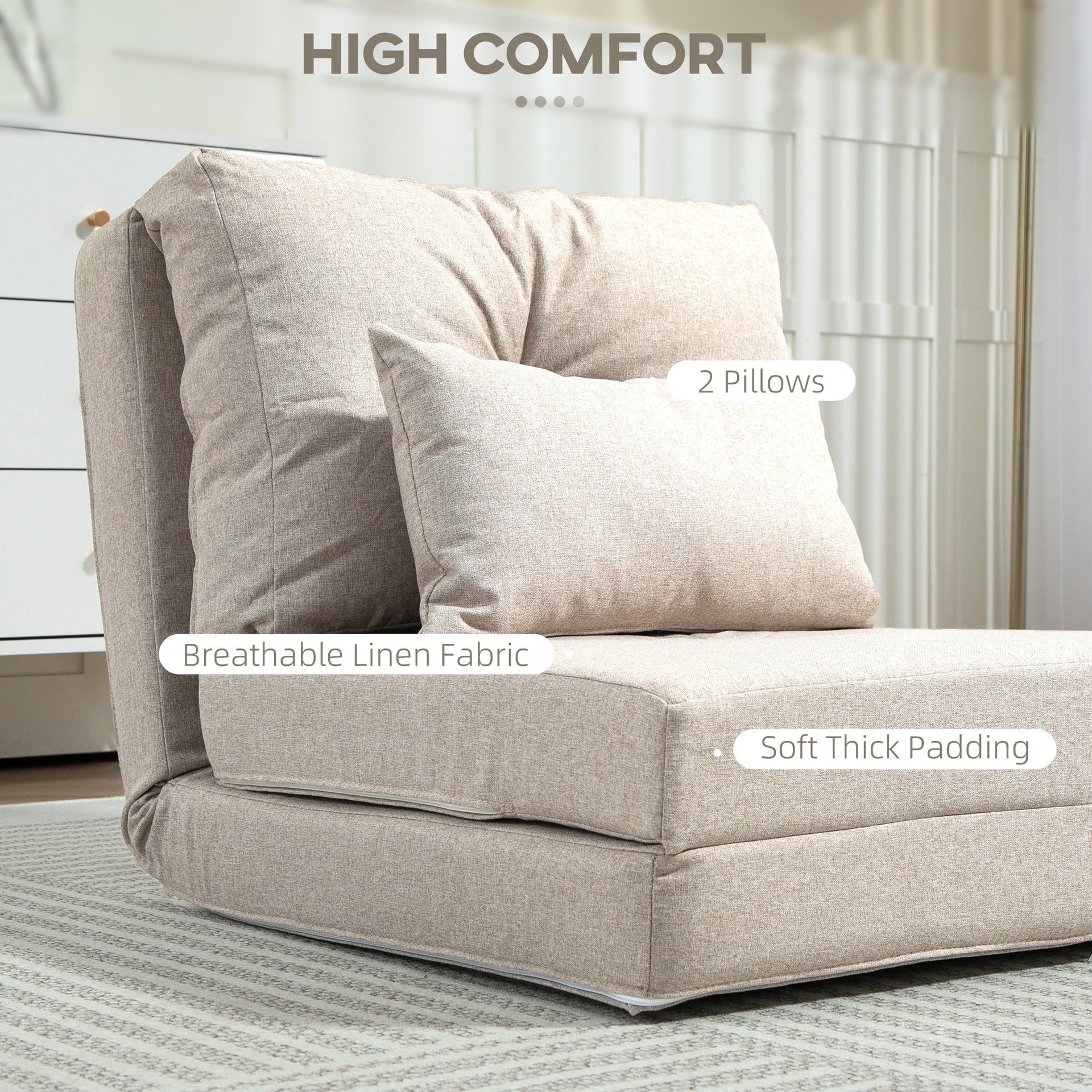 HOMCOM Convertible Flip Chair, Floor Lazy Sofa, Folding Upholstered Couch Bed with Adjustable Backrest, Metal Frame and Pillows for Living Room Bedroom, Beige