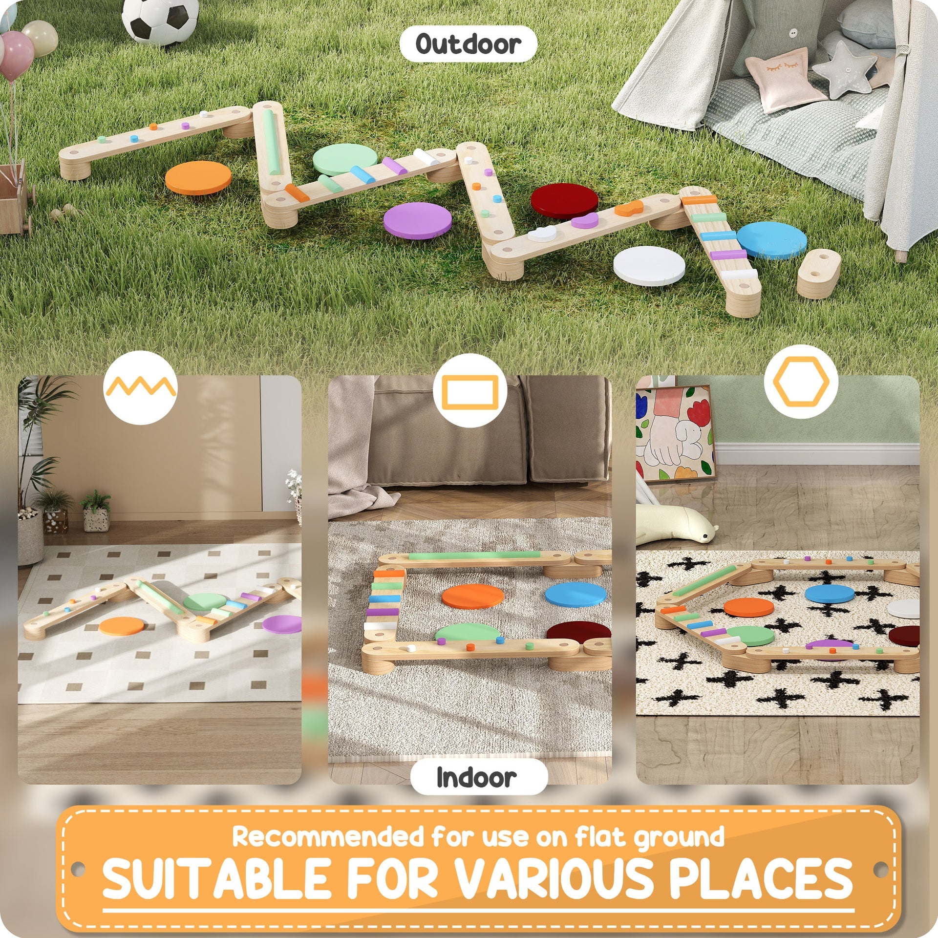 Qaba Kids Balance Beam, Wooden Balance Board with Stepping Stones, Gymnastics Obstacle Course for Toddlers 3-8 Years for Motor Skills Coordination, Indoor Outdoor Use