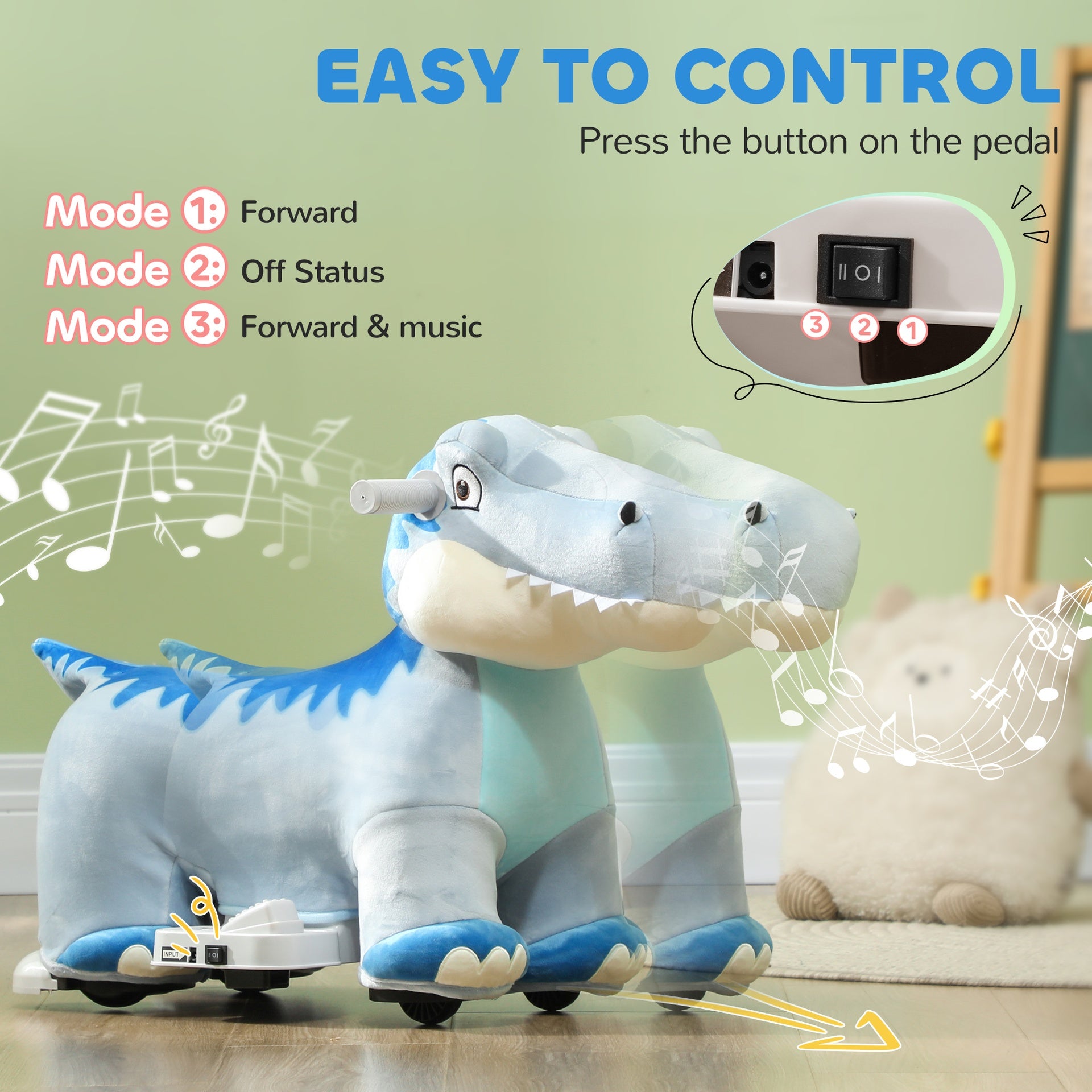 Qaba 6V Kids Electric Ride on Animal, Battery Powered Tyrannosaurus Ride on Toy, with Music Forward, PU Wheels, Foot Pedal, for Girls Boys Aged 18-36 Months, Blue