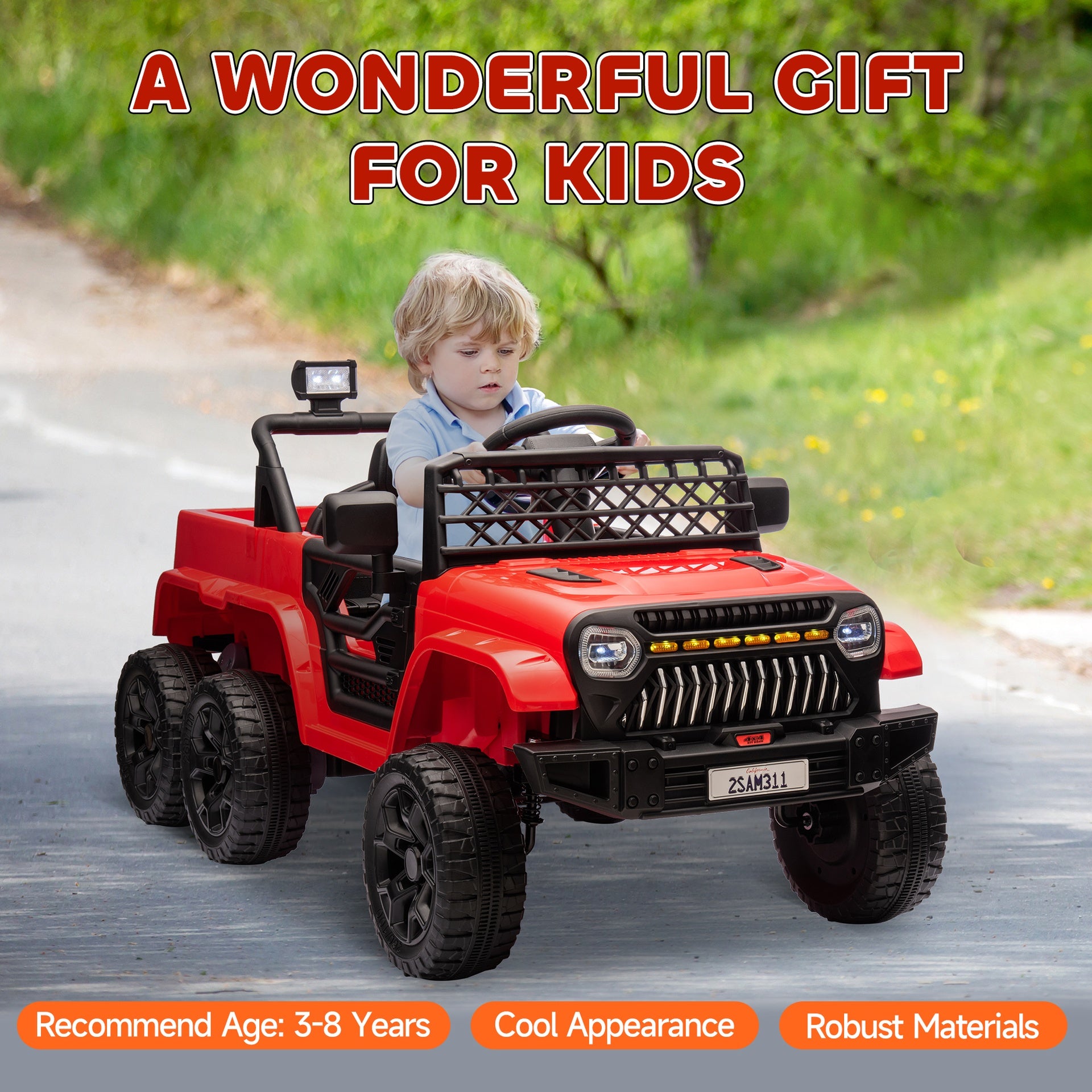 Qaba 12V 4x4 Kids Ride on Truck with Back Trailer,  2WD/4WD Switchable Kids Electric Car with Parent Remote Control, Spring Suspension System, Soft Start, Music, LED Light, Horn, Red