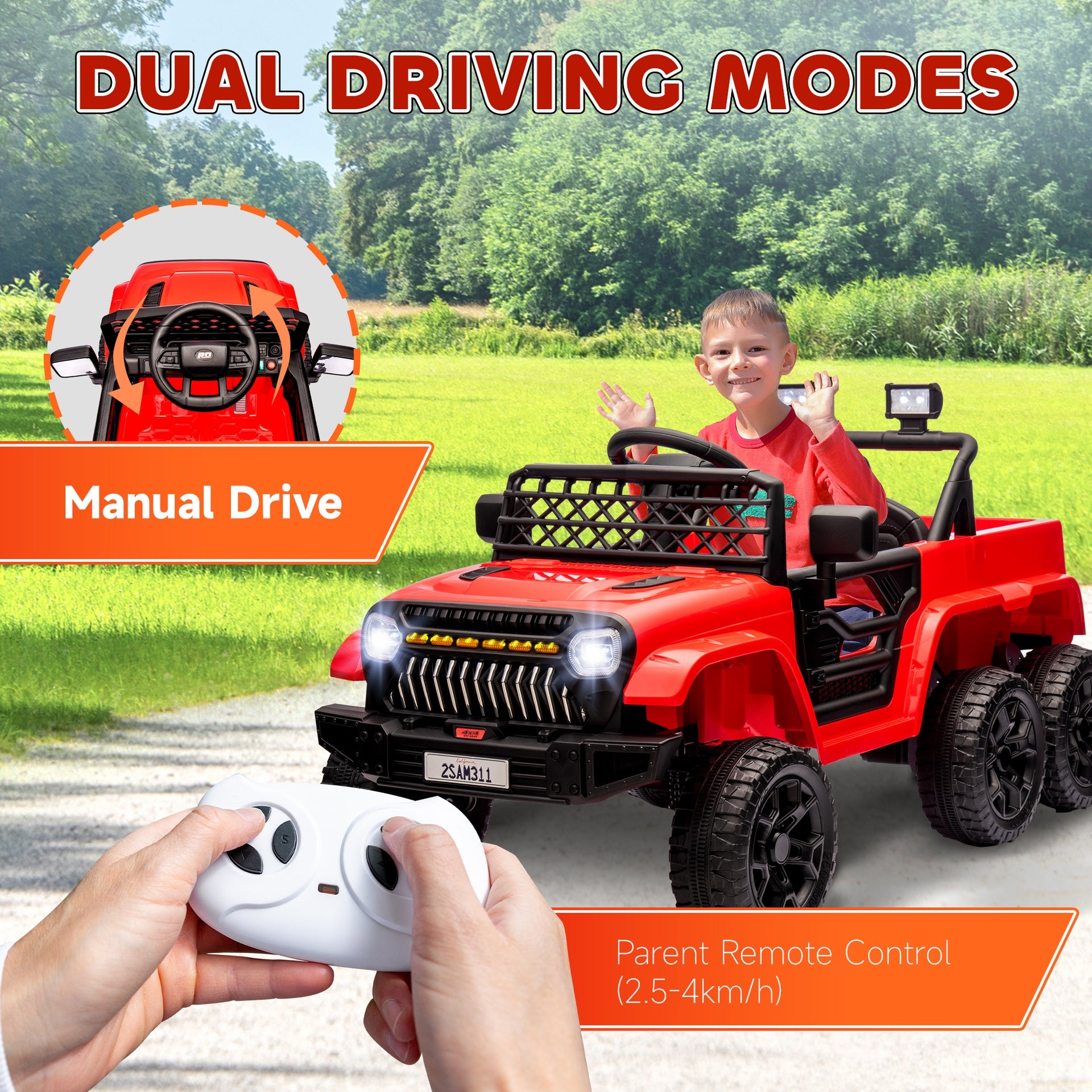 Qaba 12V 4x4 Kids Ride on Truck with Back Trailer,  2WD/4WD Switchable Kids Electric Car with Parent Remote Control, Spring Suspension System, Soft Start, Music, LED Light, Horn, Red