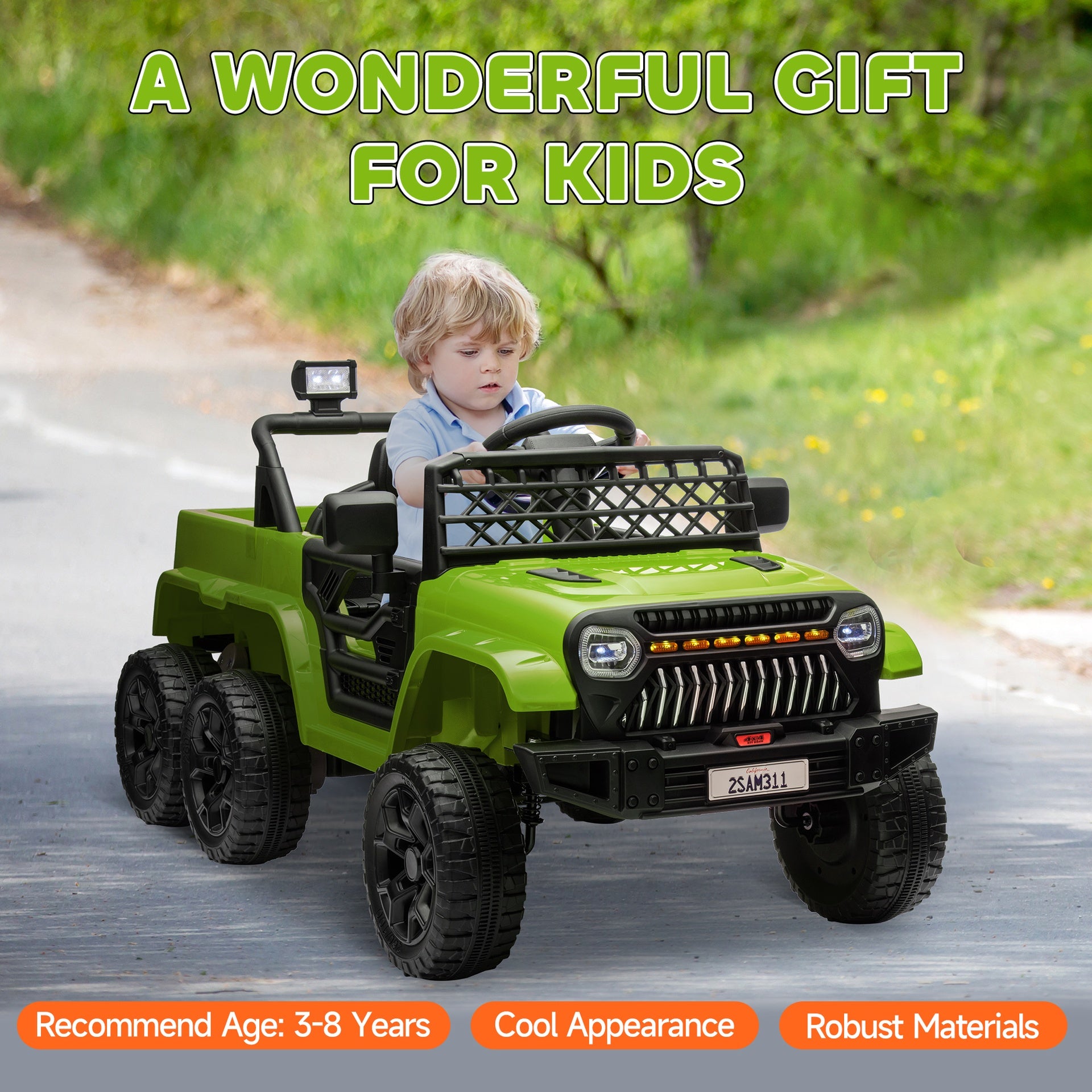 Qaba 12V 4x4 Kids Ride on Truck with Back Trailer,  2WD/4WD Switchable Kids Electric Car with Parent Remote Control, Spring Suspension System, Soft Start, Music, LED Light, Horn, Green