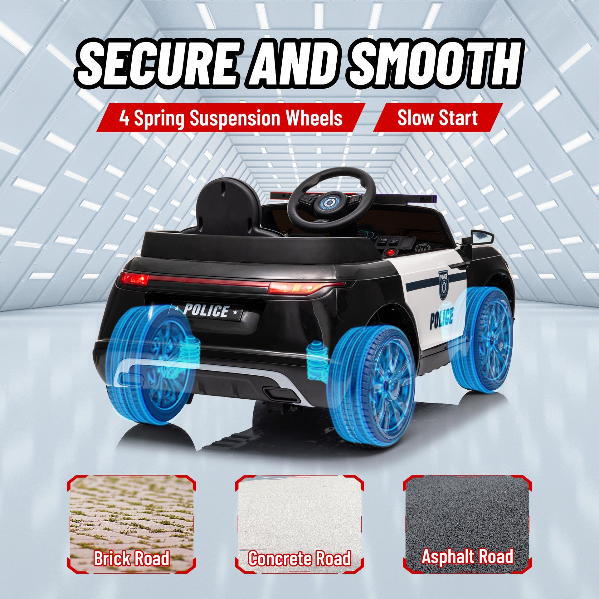 Qaba 12V Electric Car for Kids, Battery Powerd Kids Car Police Car with Remote Control, 4 Spring Suspension Wheels, Transport Wheel, Siren, Music, Light, Horn, Black