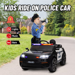 Qaba 12V Electric Car for Kids, Battery Powerd Kids Car Police Car with Remote Control, 4 Spring Suspension Wheels, Transport Wheel, Siren, Music, Light, Horn, Black