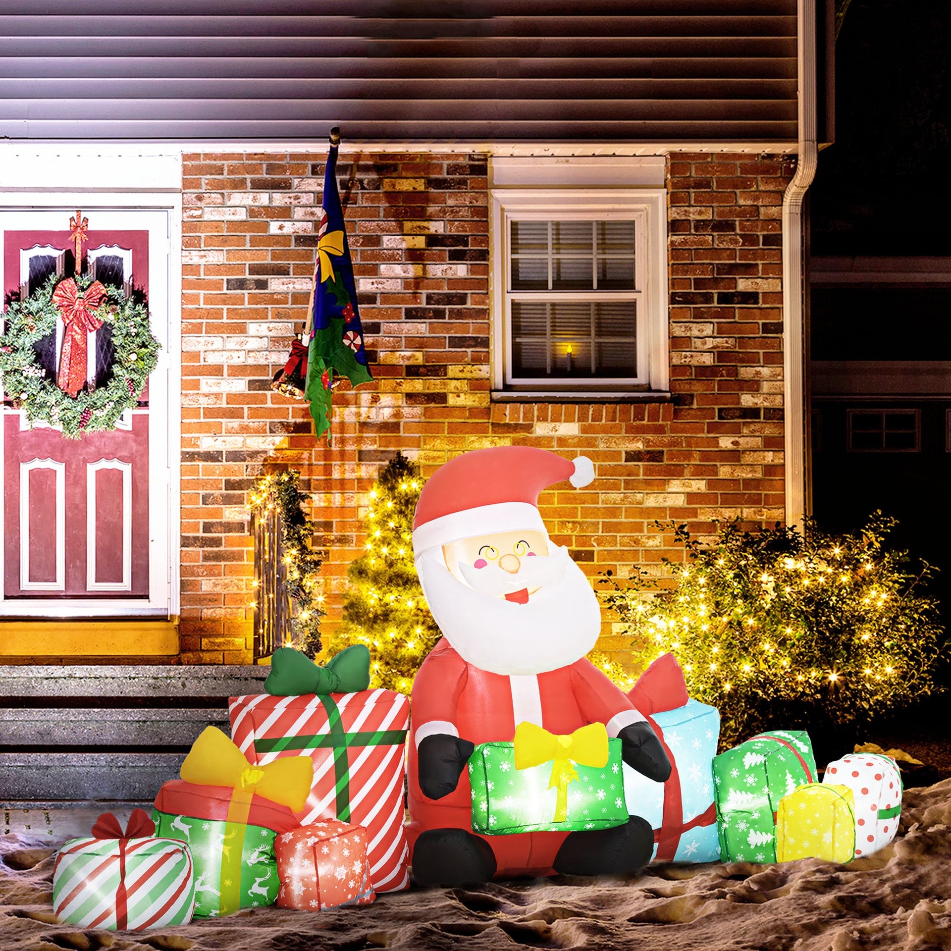 Outsunny 4.4' Christmas Inflatables Santa Claus and Gift Boxes with White LED Lights, Blow-Up Outdoor Christmas Decorations for Lawn Garden Party