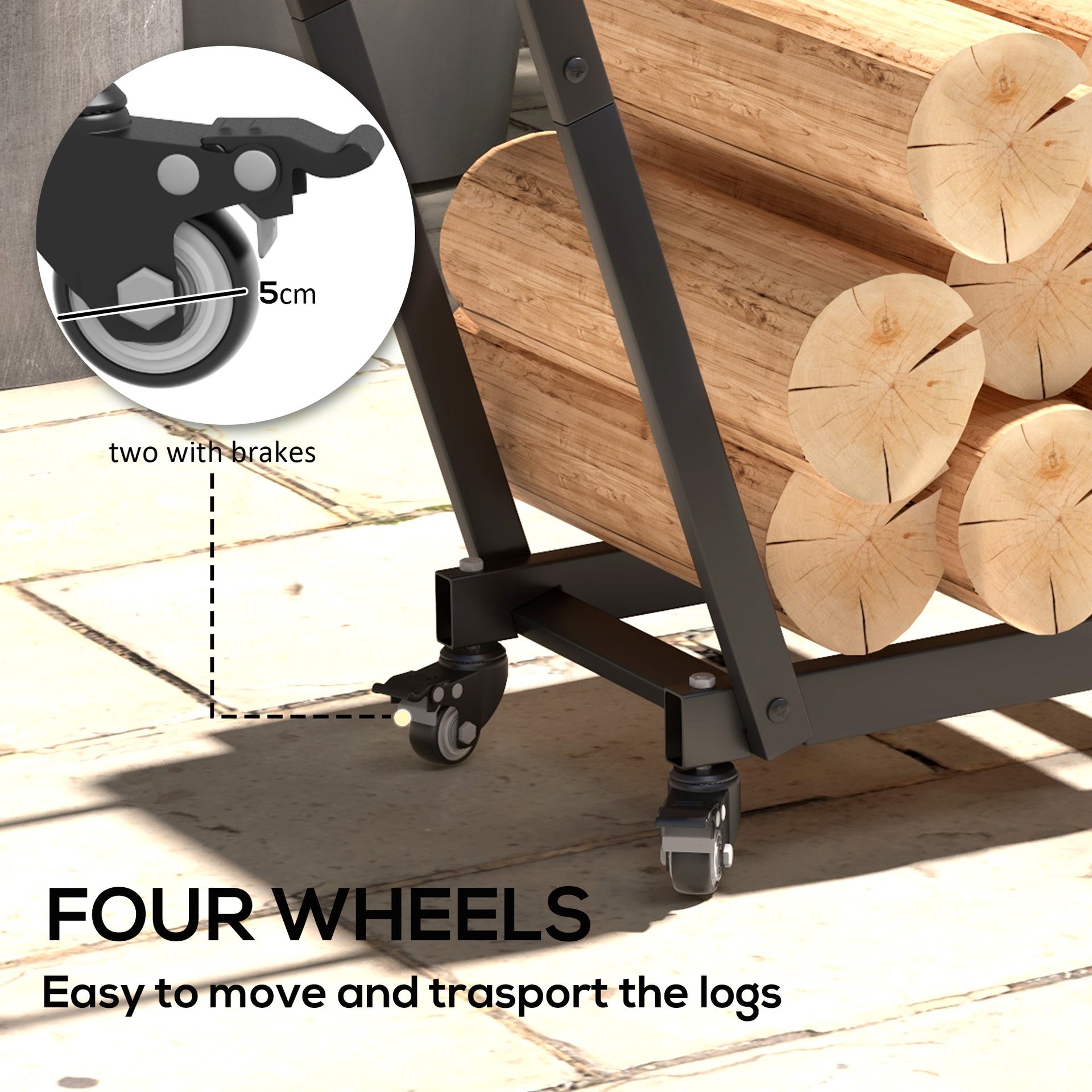 Outsunny 31 Inch Firewood Rack with Swivel Casters, Metal Wood Storage, Holder with Kindling and Tool Hooks, Heavy Duty Log Organizer for Indoor and Outdoor Use, Black