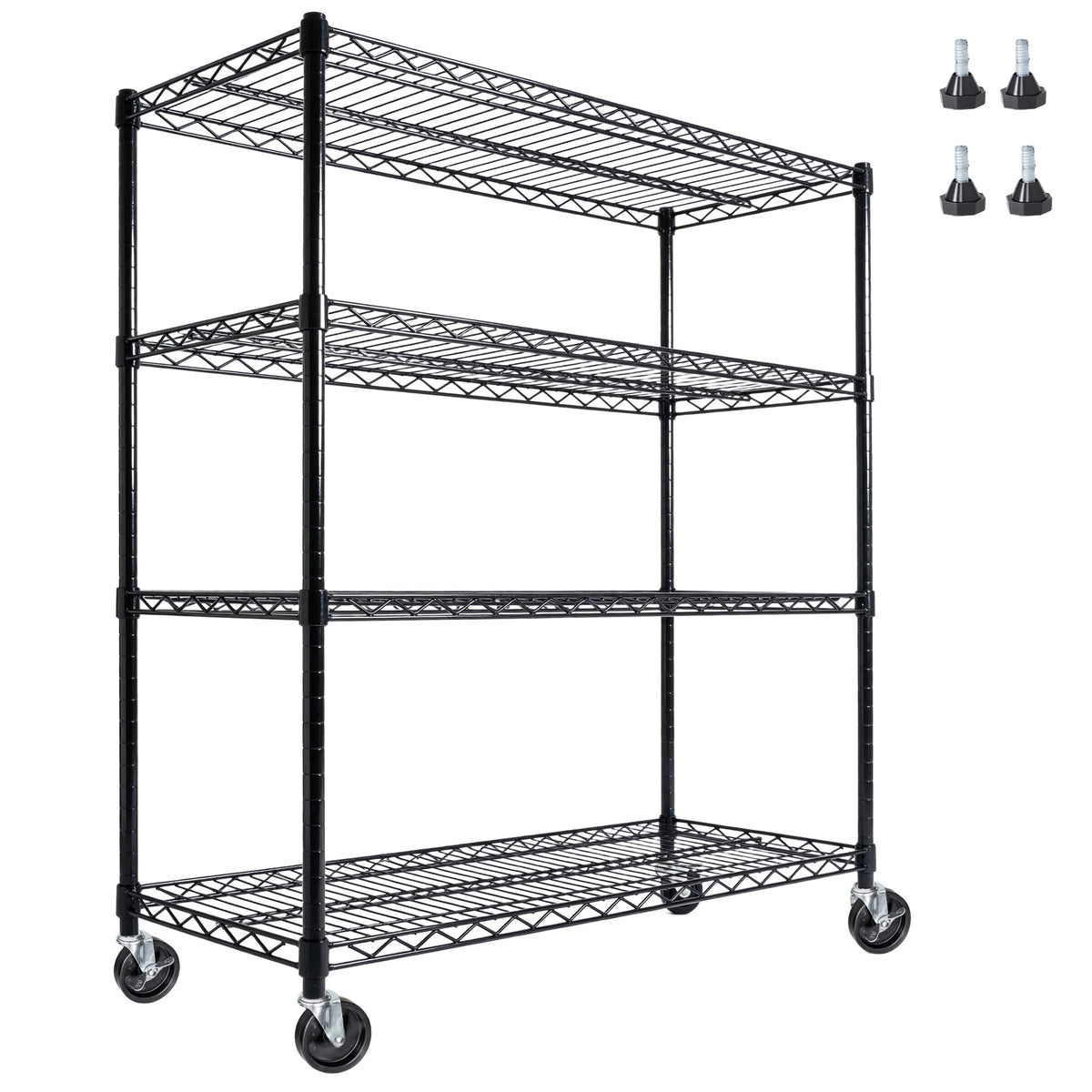 55.5" W x 24" D x 80" H Heavy Duty Wire Storage Shelves with Wheels, 4 Tier Adjustable, 2400 lbs Capacity, Garage Shelving Unit, Rolling Industrial Storage, Black