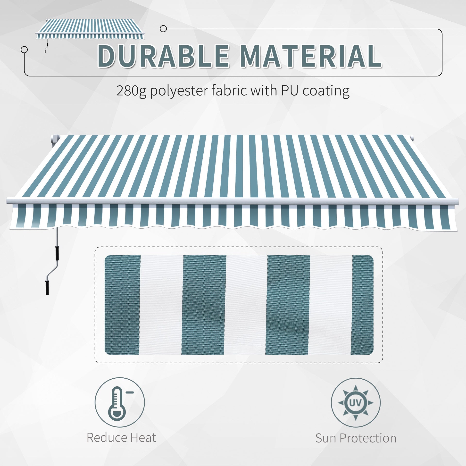 Outsunny 12' x 10' Retractable Awning Patio Awnings Sun Shade Shelter with Manual Crank Handle, 280g/m² UV & Water-Resistant Fabric and Aluminum Frame for Deck, Balcony, Yard, Green and White