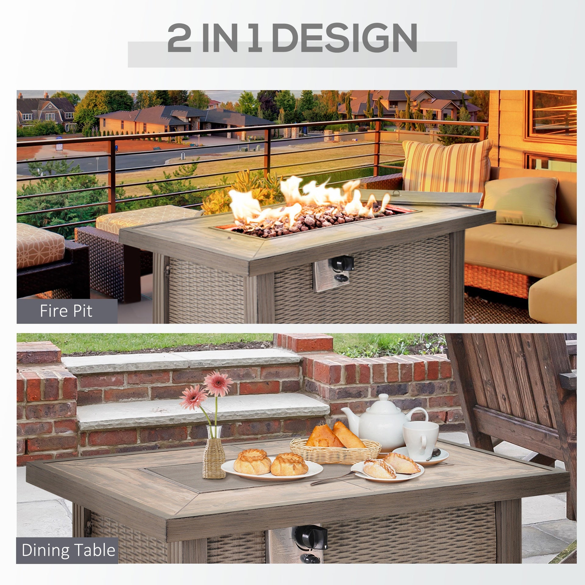Outsunny 42" Propane Fire Pit Table, 50,000 BTU Wicker-effect Auto-Ignition Gas Fireplace Fire Pits with Ceramic Tabletop, Steel Base, Lid, Lava Rocks and Cover, CSA Certification, Grey