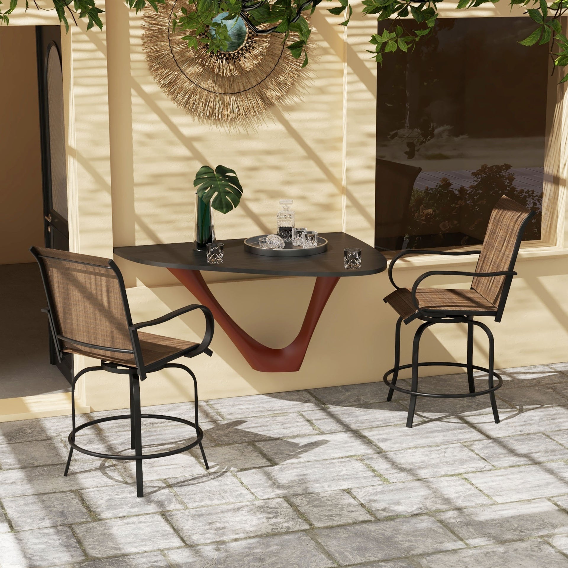 Outsunny Outdoor Bar Stools with Armrests, Set of 2 360° Swivel Bar Height Patio Chairs with High-Density Mesh Fabric, Steel Frame Dining Chairs for Balcony, Poolside, Backyard, Tan