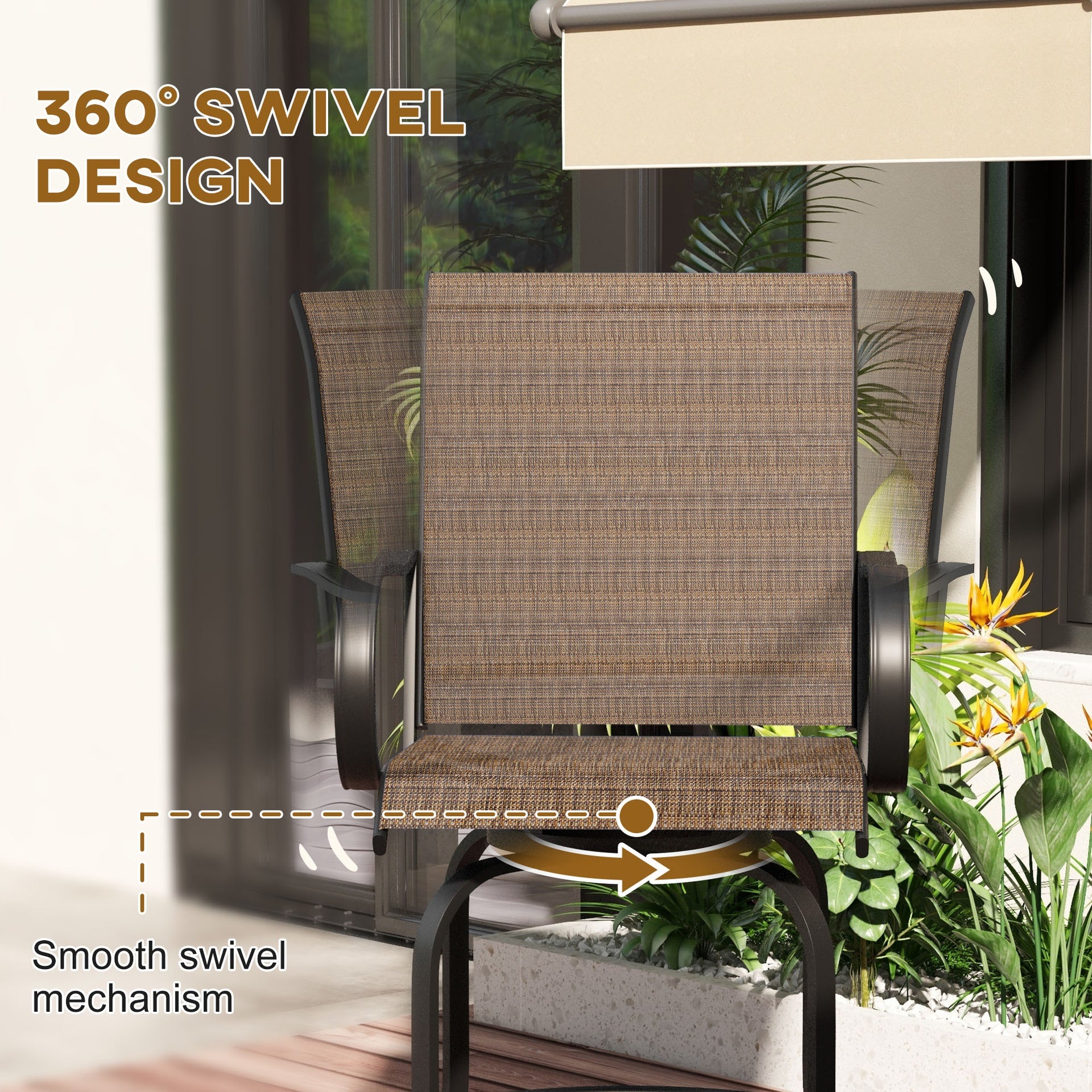 Outsunny Outdoor Bar Stools with Armrests, Set of 2 360° Swivel Bar Height Patio Chairs with High-Density Mesh Fabric, Steel Frame Dining Chairs for Balcony, Poolside, Backyard, Tan