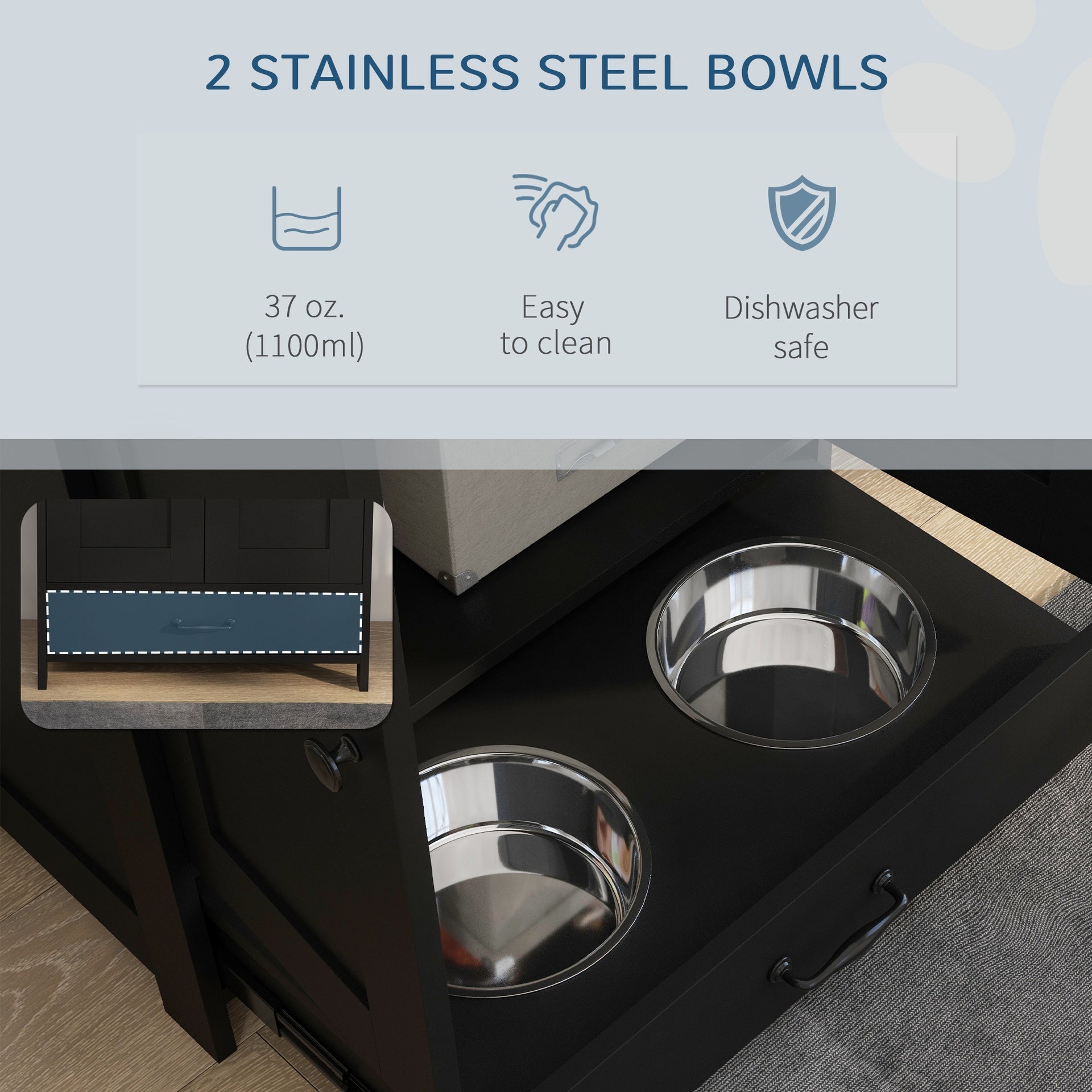PawHut Dog Feeding Station, Dog Food Storage Cabinet with Hidden Dog Bowls, Adjustable Panel, Hooks for Medium Sized Dogs, Black