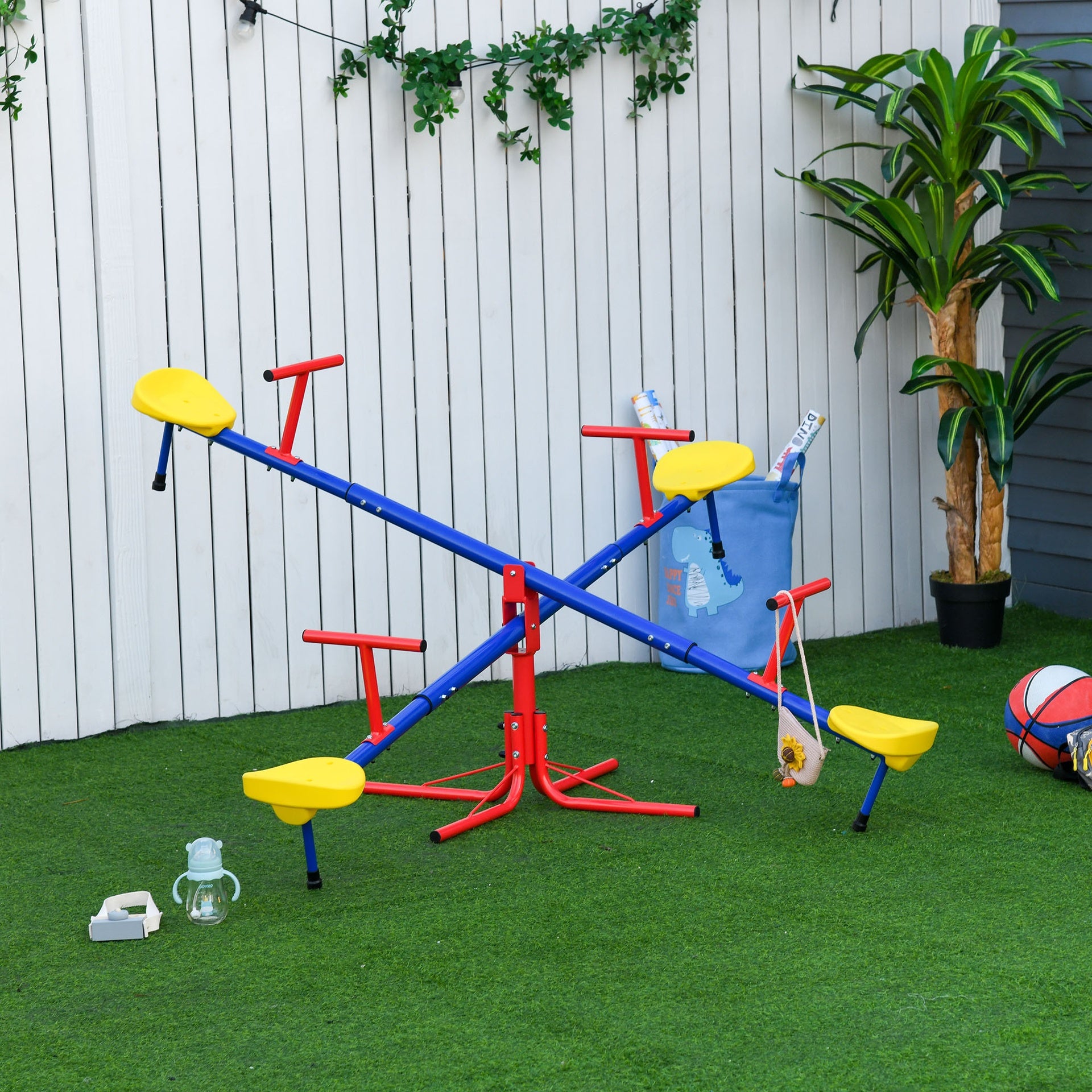 Outsunny Kids Seesaw Swivel Teeter Totter with 360° Spinning, 4 Seater Seesaw Outdoor Playground Equipment for Backyard, Boys and Girls Aged 3-8 Years Old