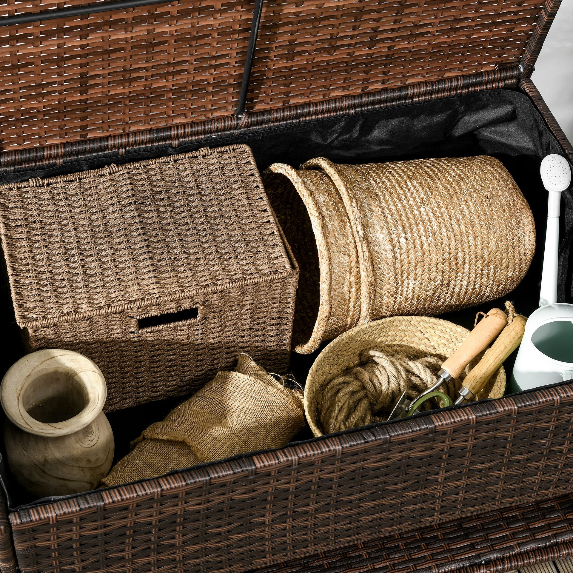 Outsunny Outdoor Deck Box & Shoe Storage, PE Rattan Wicker Towel Rack with Liner for Indoor, Outdoor, Patio Furniture Cushions, Pool, Toys, Garden Tools, Brown