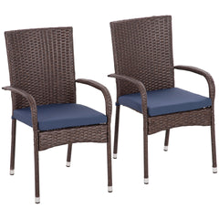 Outsunny Stackable PE Rattan Outdoor Dining Chairs with Cushions, Set of 2 Patio Wicker Dining Chairs with Armrests and Backrest for Patio, Deck, Cream White