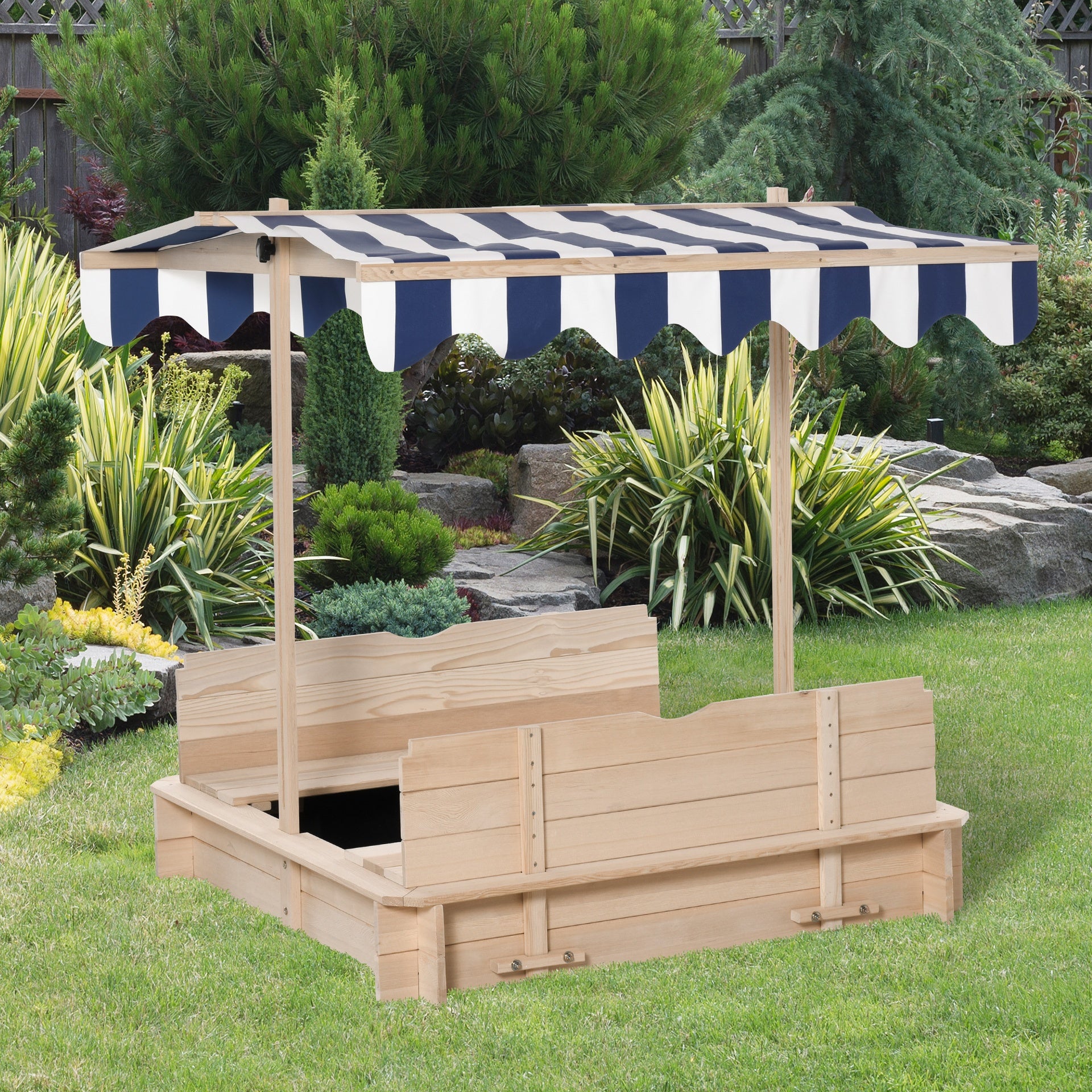 Outsunny Wooden Kids Sandbox with Cover, Children Outdoor Sand Box with Foldable Bench Seats, Adjustable Canopy, Bottom Liner for Outdoor, Natural