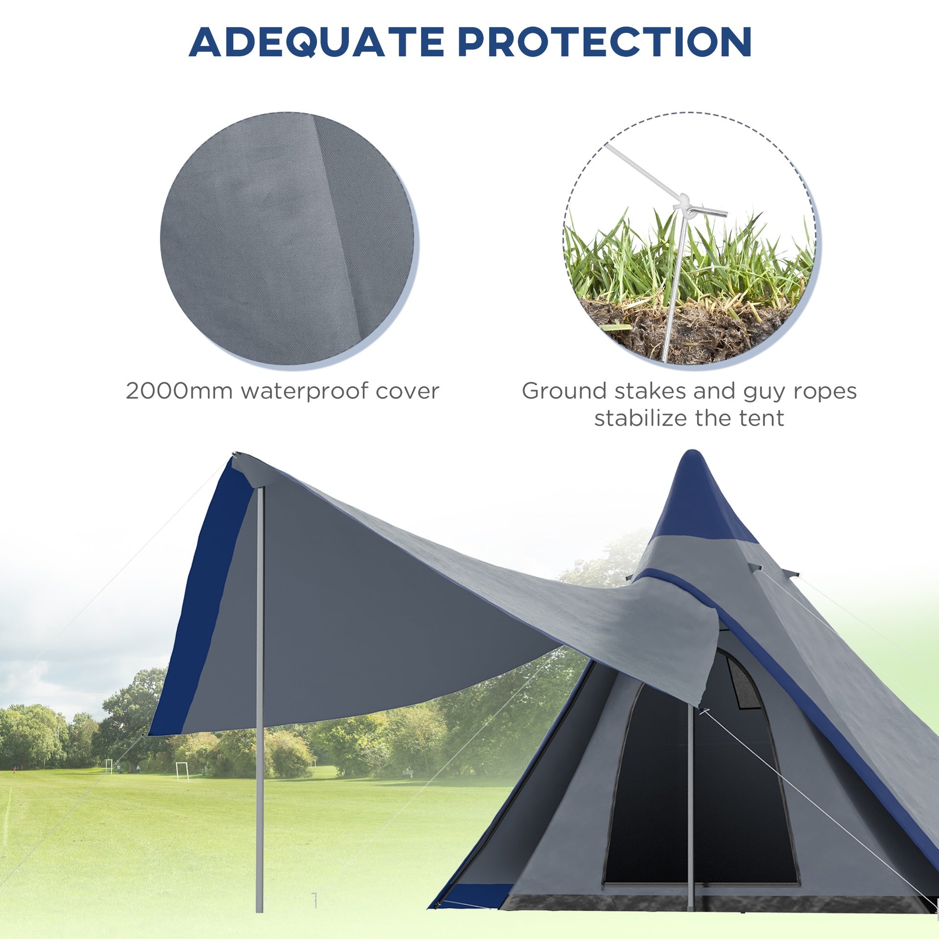 Outsunny 15.4'x15.4'x8.5' Teepee Tent, Waterproof Camping Tent with Porch Area, Floor and Carry Bag, for 2-3 Person Outdoor Backpacking Camping Hiking, Blue