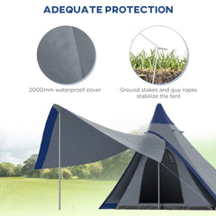 Outsunny 15.4'x15.4'x8.5' Teepee Tent, Waterproof Camping Tent with Porch Area, Floor and Carry Bag, for 2-3 Person Outdoor Backpacking Camping Hiking, Blue