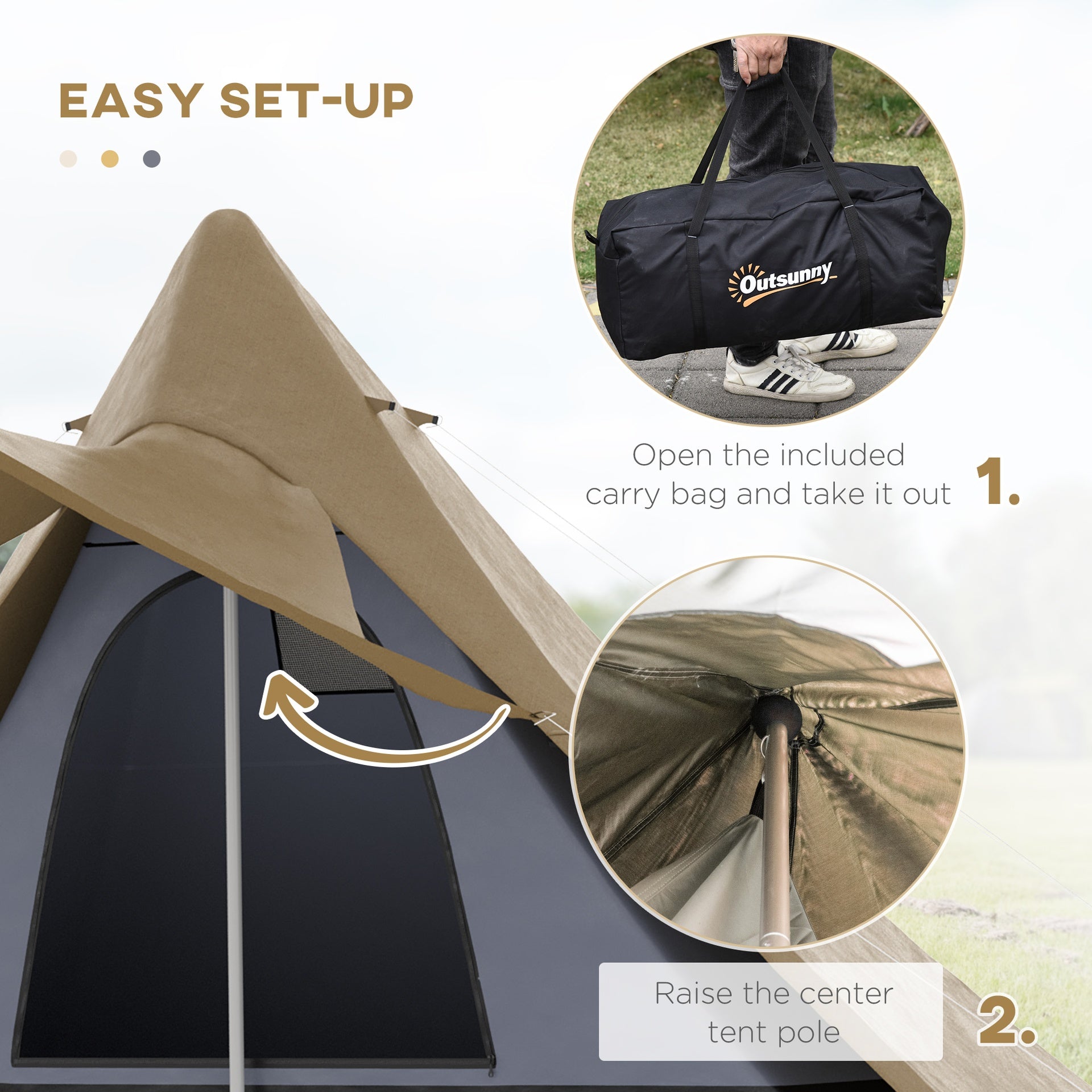 Outsunny 15.4'x15.4'x8.5' Teepee Tent, Waterproof Camping Tent with Porch Area, Floor and Carry Bag, for 2-3 Person Outdoor Backpacking Camping Hiking, Coffee