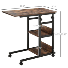 HOMCOM Industrial C-Shaped Mobile Rolling Sofa Side Table with 3-Tier Storage Shelving, Adjustable Height, & Wheels