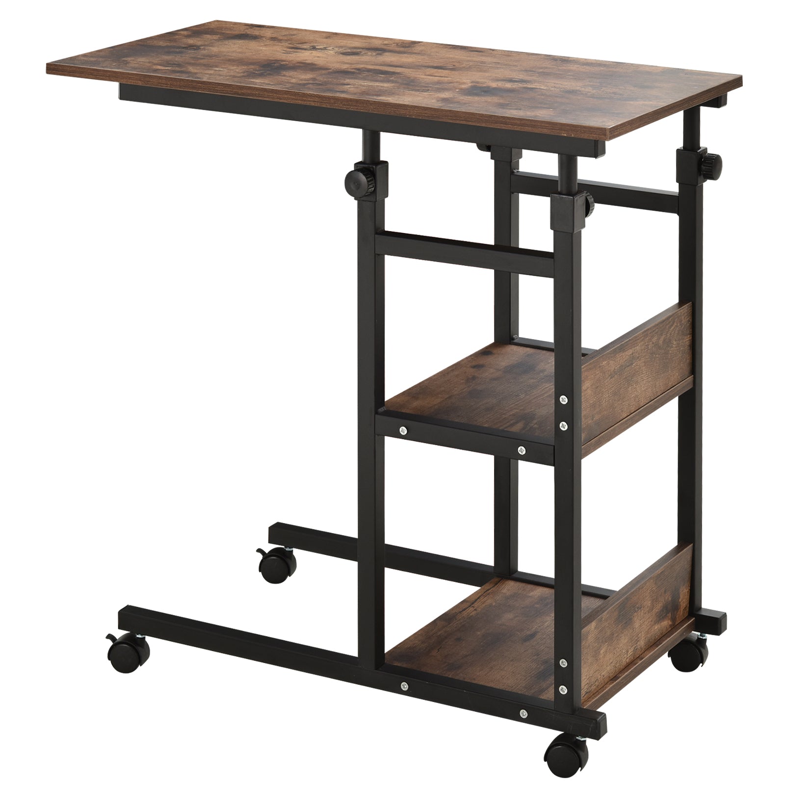 HOMCOM Industrial C-Shaped Mobile Rolling Sofa Side Table with 3-Tier Storage Shelving, Adjustable Height, & Wheels