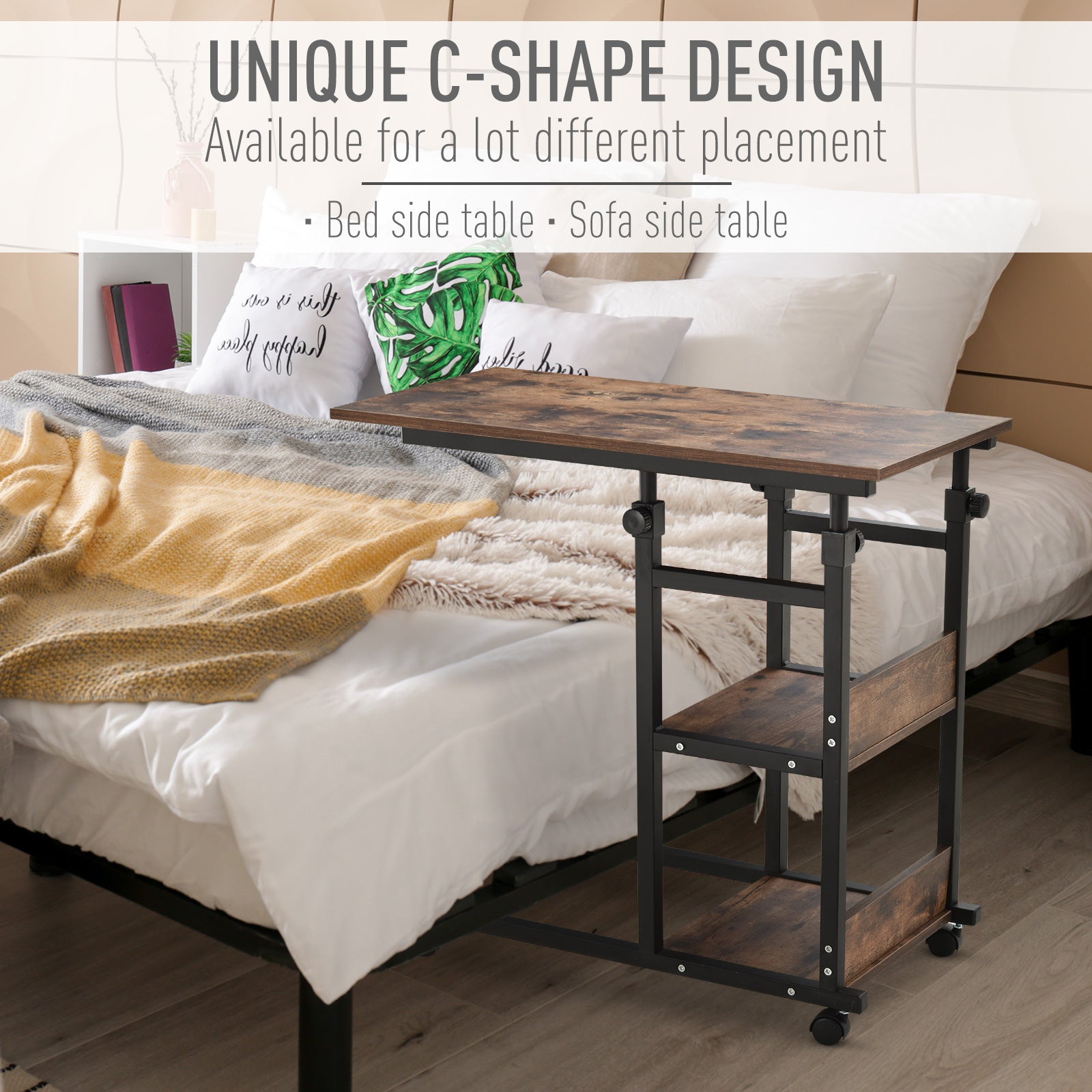 HOMCOM Industrial C-Shaped Mobile Rolling Sofa Side Table with 3-Tier Storage Shelving, Adjustable Height, & Wheels