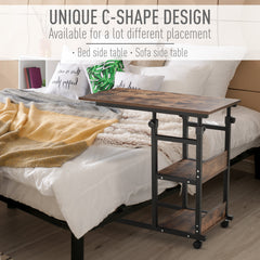 HOMCOM Industrial C-Shaped Mobile Rolling Sofa Side Table with 3-Tier Storage Shelving, Adjustable Height, & Wheels