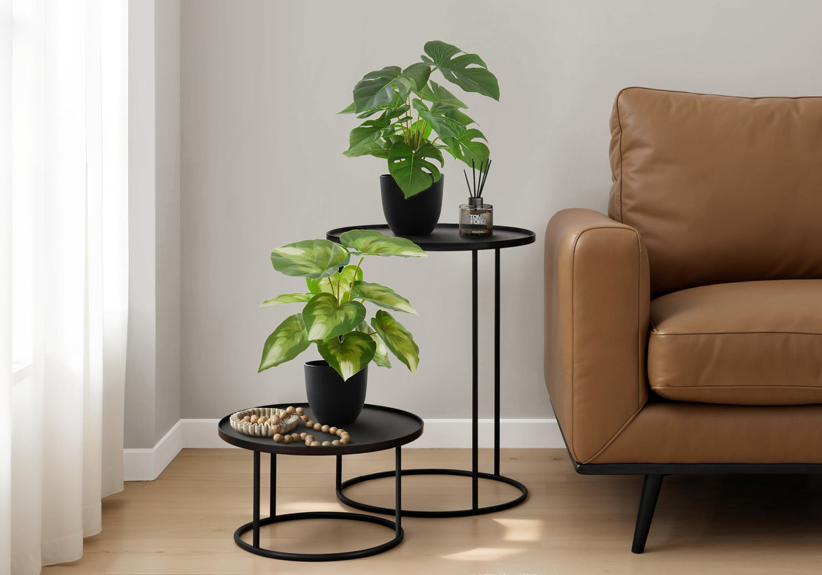 Artificial Plant, 13" Tall, Monstera Calthea, Indoor, Faux, Fake, Table, Greenery, Potted, Set Of 2, Decorative, Green Leaves, Black Pots