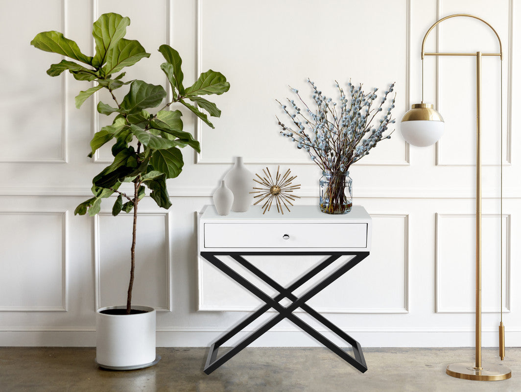 Koraldo 23"W White Wooden End Side Table Nightstand with Glass Top, Drawer and Metal Cross Base