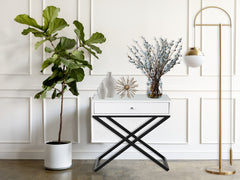 Koraldo 23"W White Wooden End Side Table Nightstand with Glass Top, Drawer and Metal Cross Base
