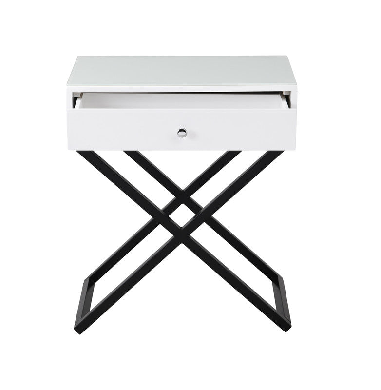 Koraldo 23"W White Wooden End Side Table Nightstand with Glass Top, Drawer and Metal Cross Base