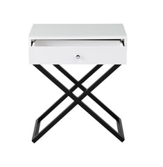 Koraldo 23"W White Wooden End Side Table Nightstand with Glass Top, Drawer and Metal Cross Base