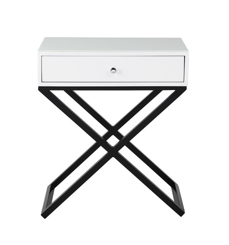 Koraldo 23"W White Wooden End Side Table Nightstand with Glass Top, Drawer and Metal Cross Base