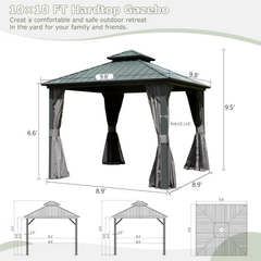 10' X 10' Hardtop Gazebo, Aluminum Metal Gazebo with Galvanized Steel Double Roof Canopy, Curtain and Netting, Permanent Gazebo Pavilion for Patio, Backyard, Deck, Lawn