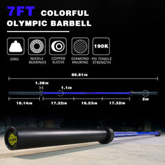 7.2Ft Barbell Bar for 2" Olympic Plates, Home Gym Weightlifting Bar Solid Chrome Weight Bar 5Ft Fitness Training Curl Barbell