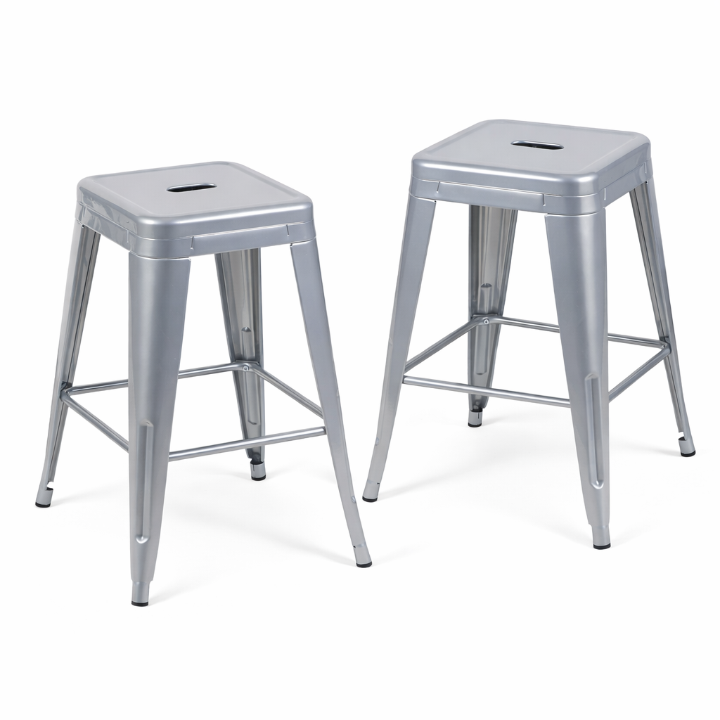 24 Inch Counter Height Stool, Backless Metal Bar Stools Set of 2, Non-Stackable, Detachable & Easy Assembly, Space-Saving Design for Kitchen Island/Bar/Café/Dining Room (Sliver)