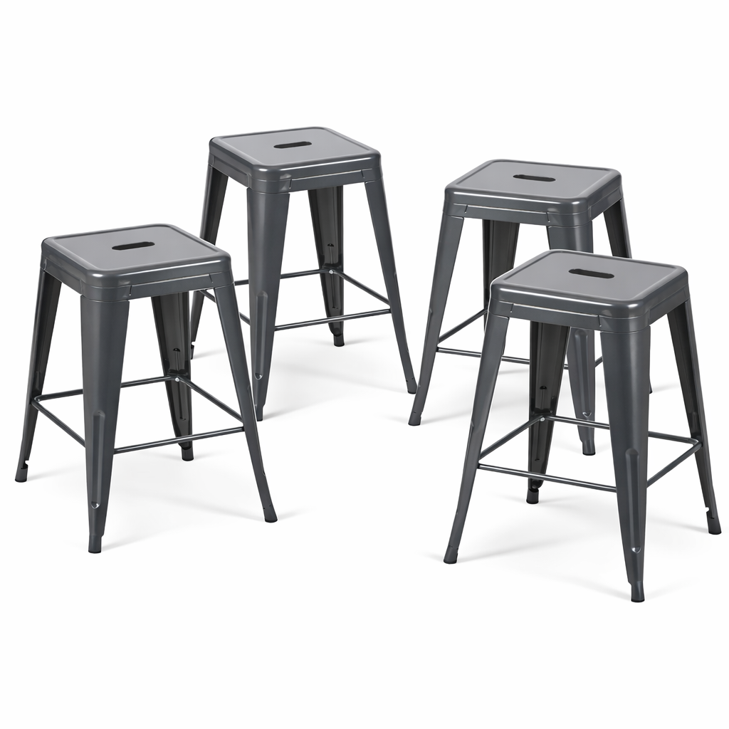 24 Inch Counter Height Stool, Backless Metal Bar Stools Set of 4, Non-Stackable, Detachable & Easy Assembly, Space-Saving Design for Kitchen Island/Bar/Café/Dining Room (Gray)