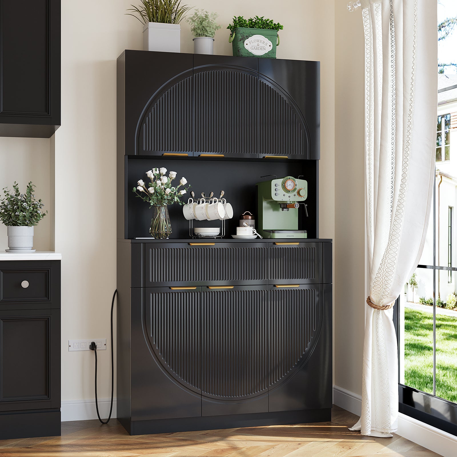 Pantry Cabinet for Living Room, 71" Kitchen Pantry Storage Cabinet with Drawers and Doors, Hutch Cupboard with Microwave Stand and Power Outlets, Black