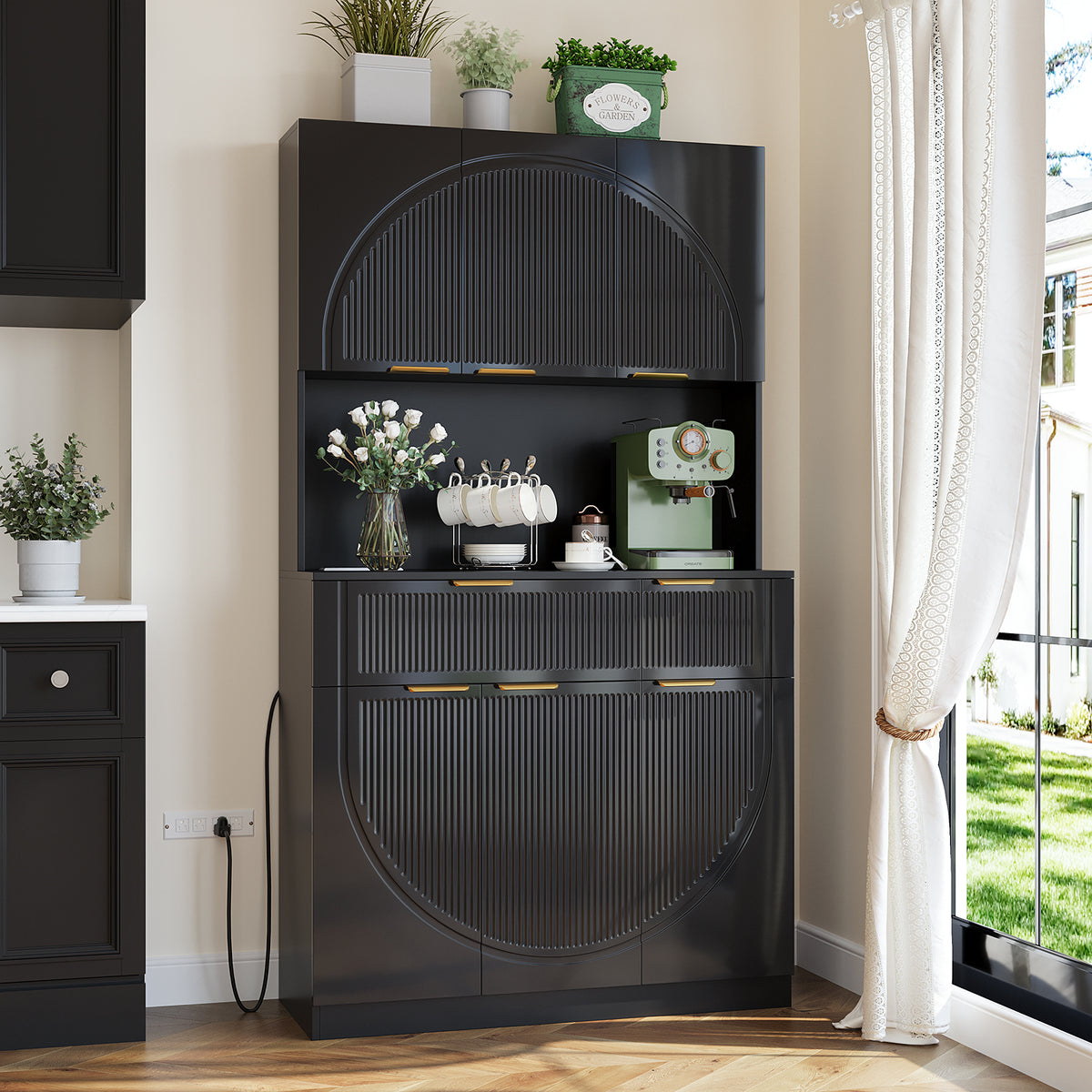 Pantry Cabinet for Living Room, 71" Kitchen Pantry Storage Cabinet with Drawers and Doors, Hutch Cupboard with Microwave Stand and Power Outlets, Black