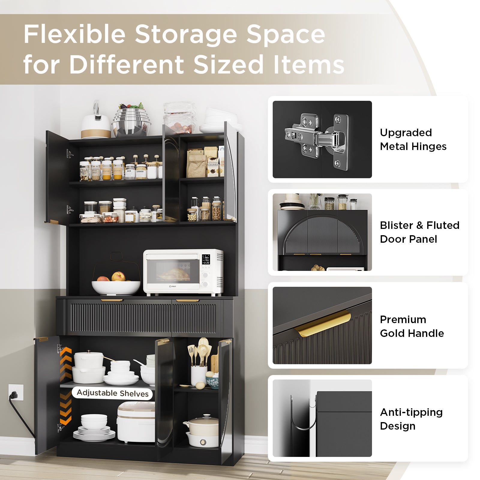 Pantry Cabinet for Living Room, 71" Kitchen Pantry Storage Cabinet with Drawers and Doors, Hutch Cupboard with Microwave Stand and Power Outlets, Black