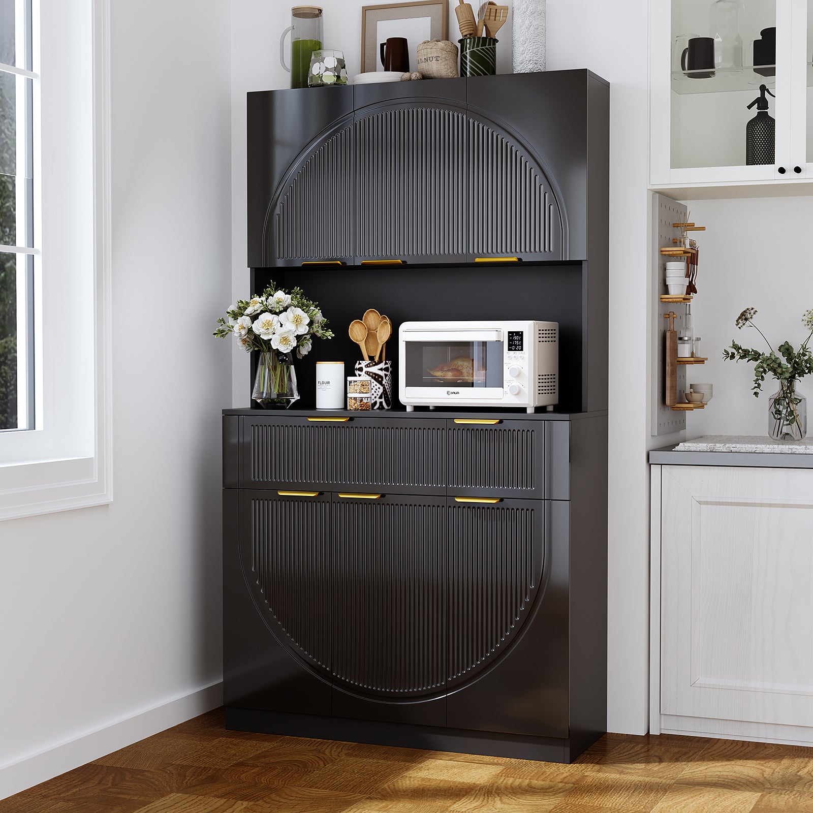 Pantry Cabinet for Living Room, 71" Kitchen Pantry Storage Cabinet with Drawers and Doors, Hutch Cupboard with Microwave Stand and Power Outlets, Black